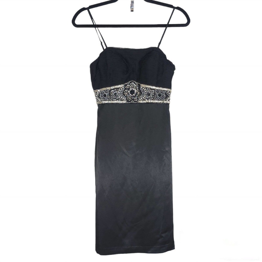 Sue Wong Womens Slip Dress Vtg 90s Y2K Black Satin Beaded Mini Empire Waist 2